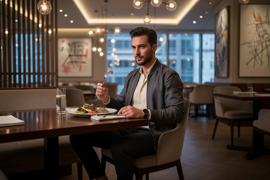 uomo mangia in restaurante con giacca grigia