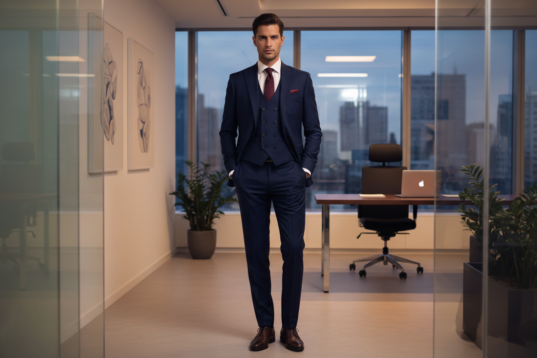 uomo con abito blu navy in ufficio