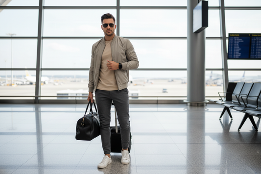 uomo con giacca grigia e jeans e borsa in mano 