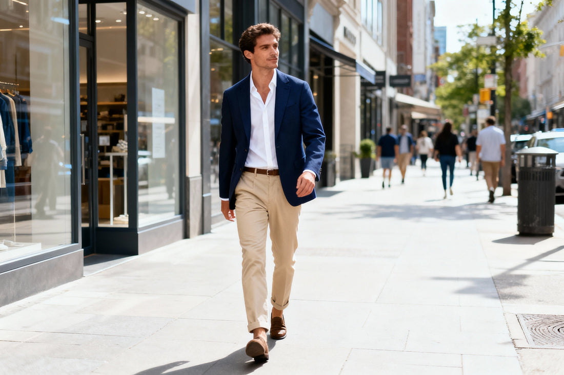 uomo con pantaloni beige e blazer blu