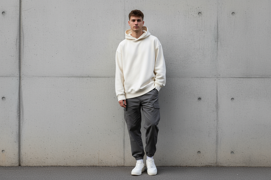 ragazzo con felpa bianca con cappuccio