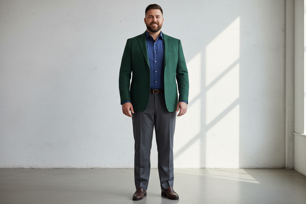 uomo con blazer verde e pantalone grigio 
