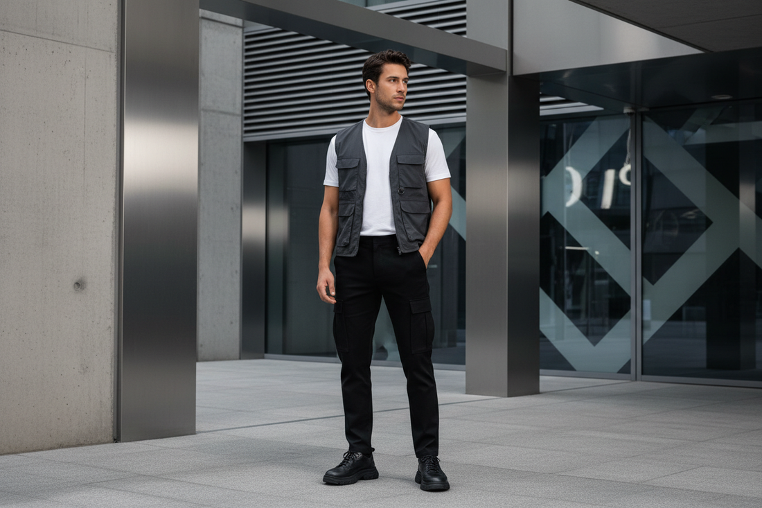 giovane con gilet e t-shirt bianca e pantalone nero