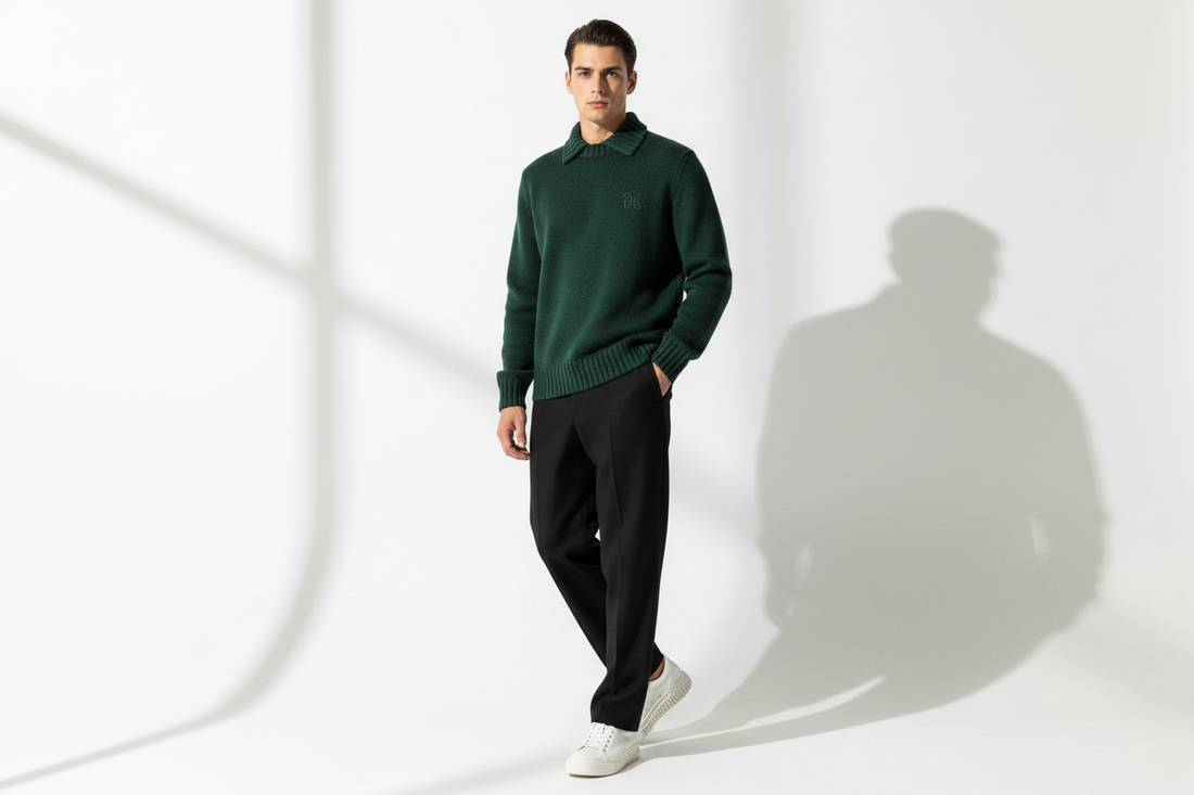ragazzo con maglione verde e pantalone nero