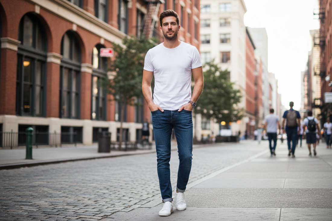 giovane con t-shirt bianca e jeans e sneakers bianca