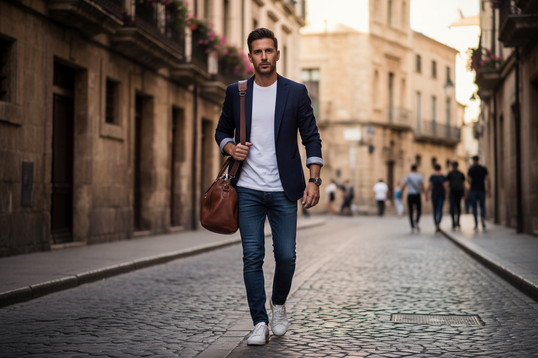 uomo con jeans e t-shirt bianco e blazer
