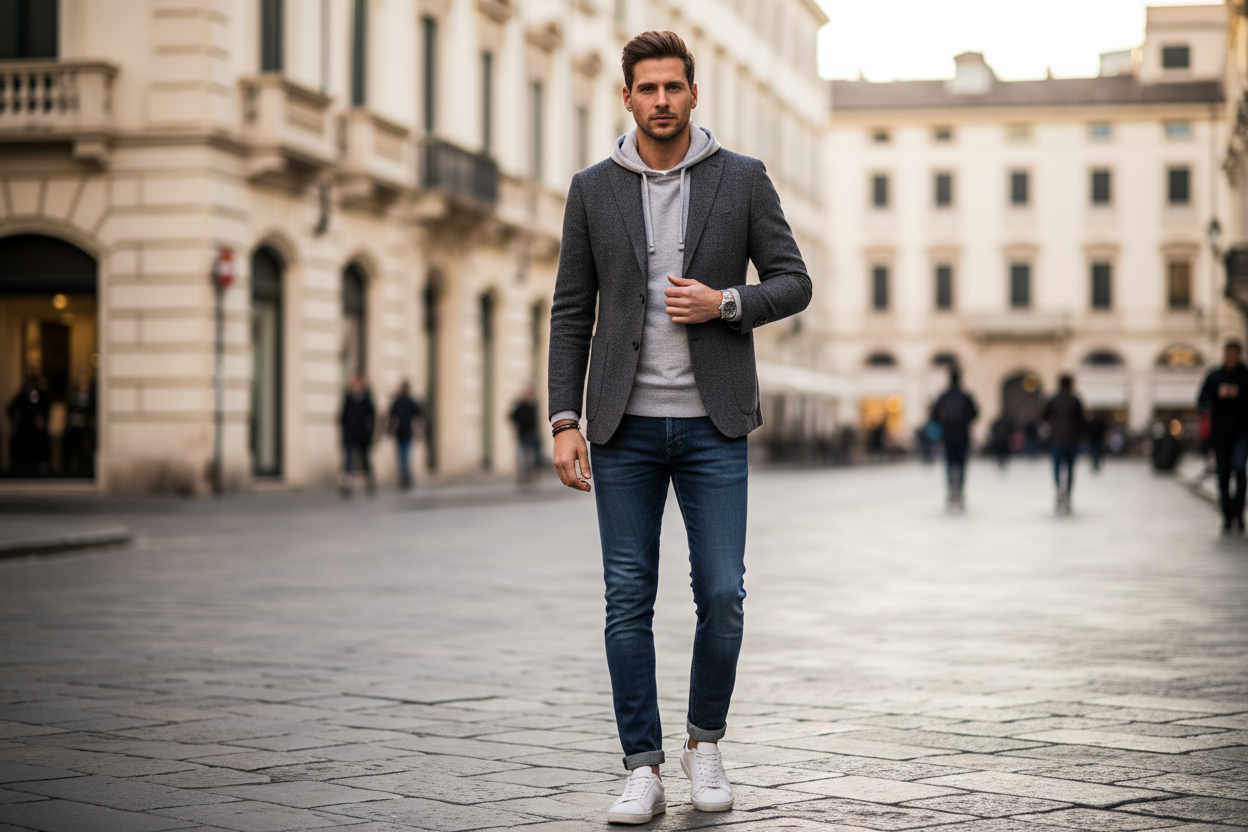 uomo con blazer grigio e felpa con cappuccio