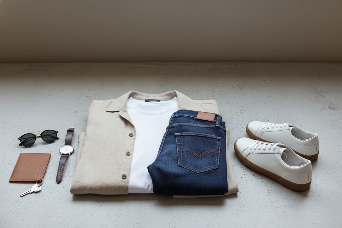 giacca orologgio occhiali e scarpe bianche e jeans