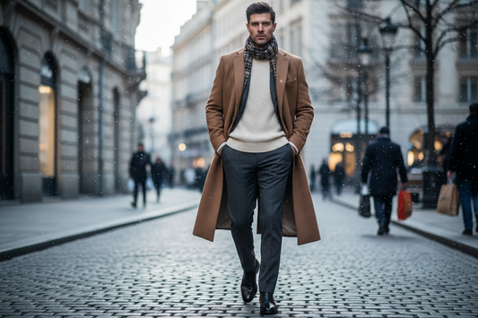 uomo con capispalla marrone e pantalone grigio