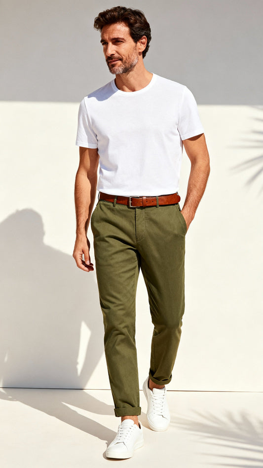 uomo con pantalone verde e t-shirt bianca